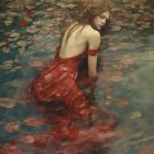 Red-haired woman in flowing dress sitting in serene lake with lily pads.