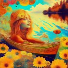 Colorful profile of woman with orange hair in surreal landscape