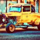 Classic Car Sunset Scene with Palm Trees and Vibrant Orange-Red Hues