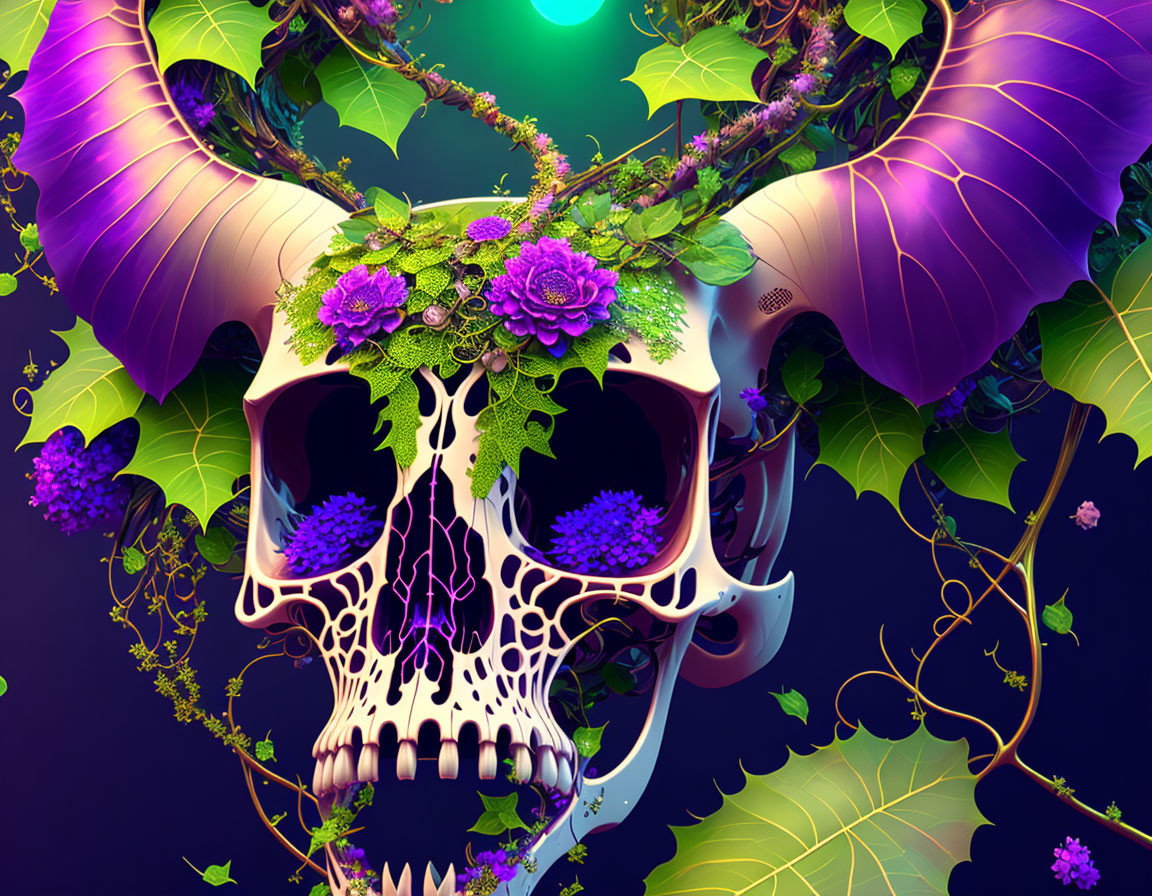 Skull with Purple Horns, Ivy Leaves, and Flowers on Dark Green Background