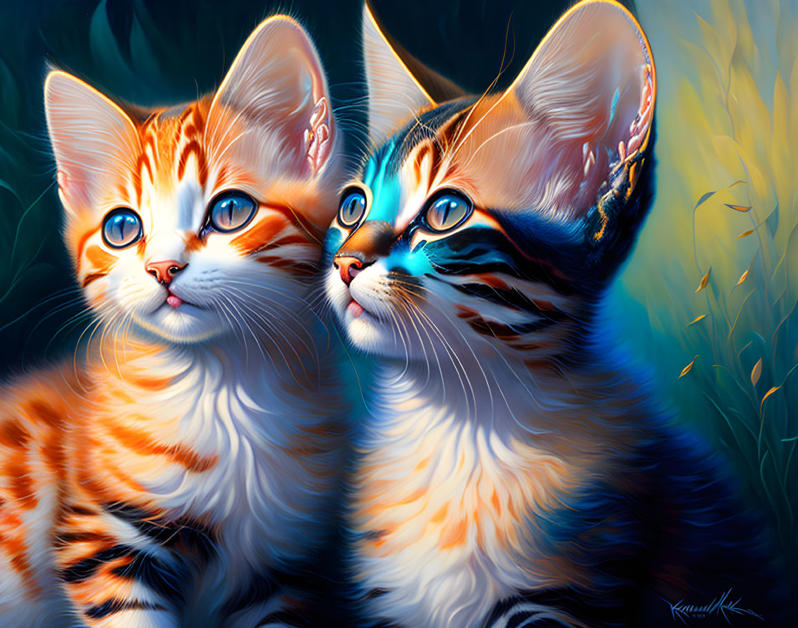 Vividly Colored Kittens with Blue Eyes in Soft-Focus Foliage