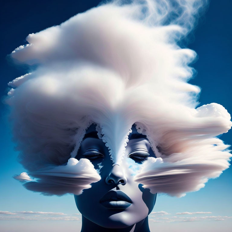 Surreal portrait with cloud-like hair against blue sky