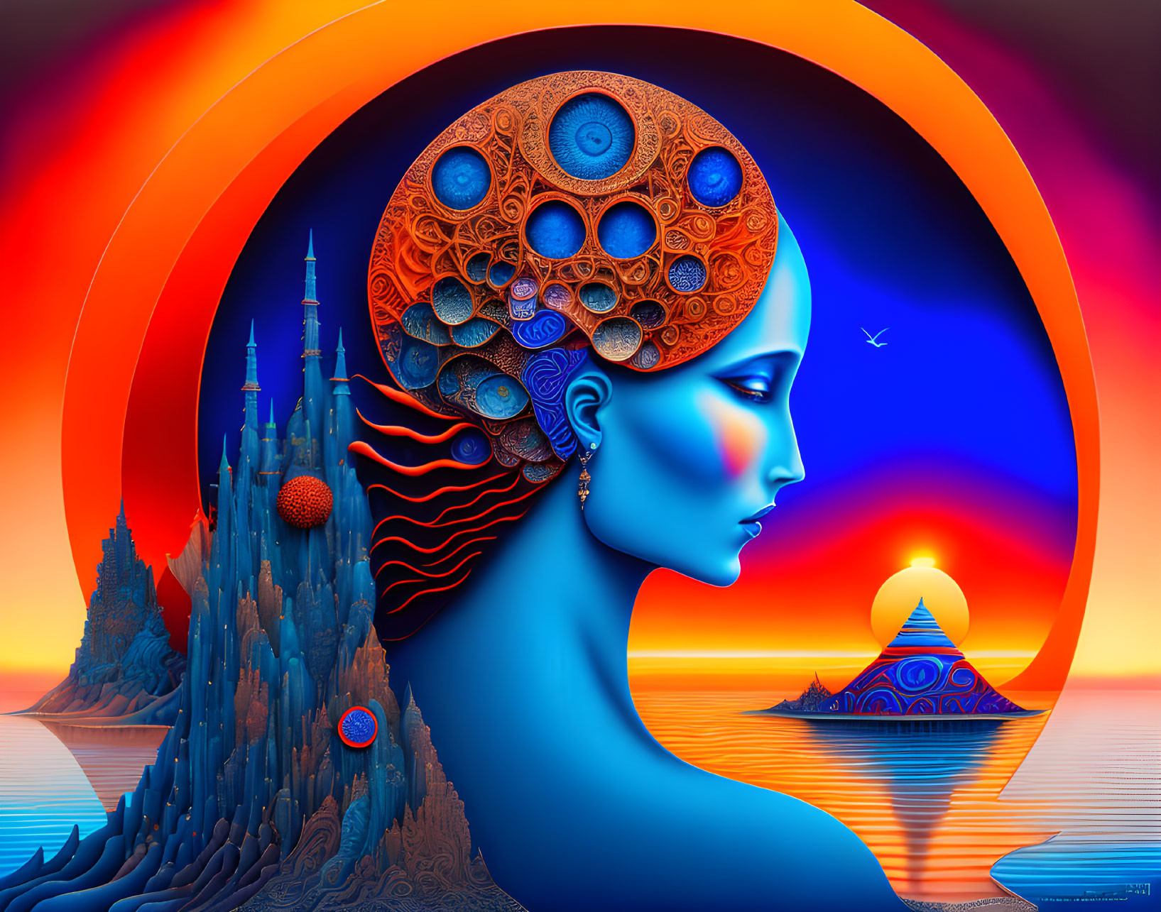 Digital artwork: Woman's profile with intricate patterns in fantasy landscape