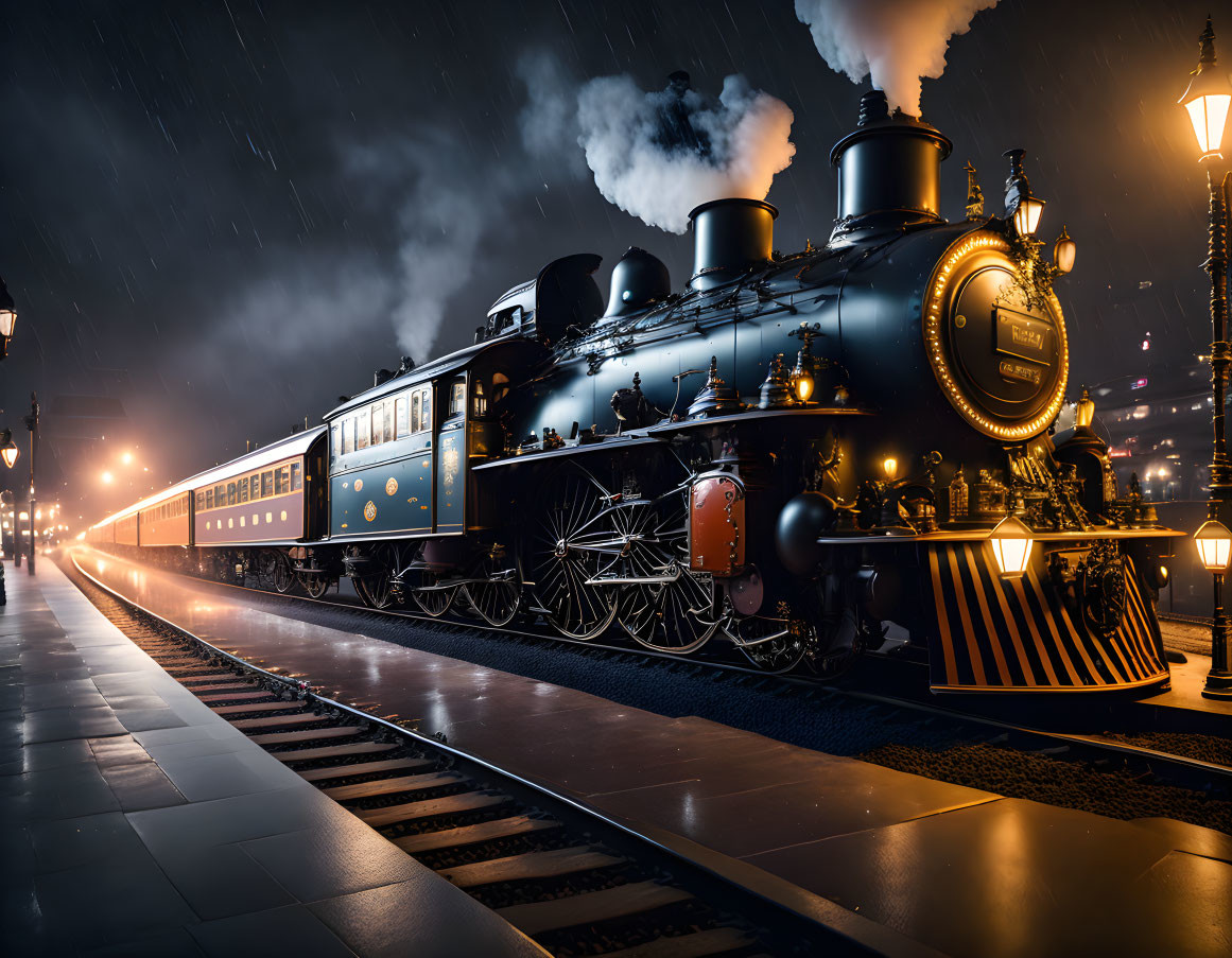 Vintage Steam Locomotive Emitting Smoke at Night on Snowy Railway Platform