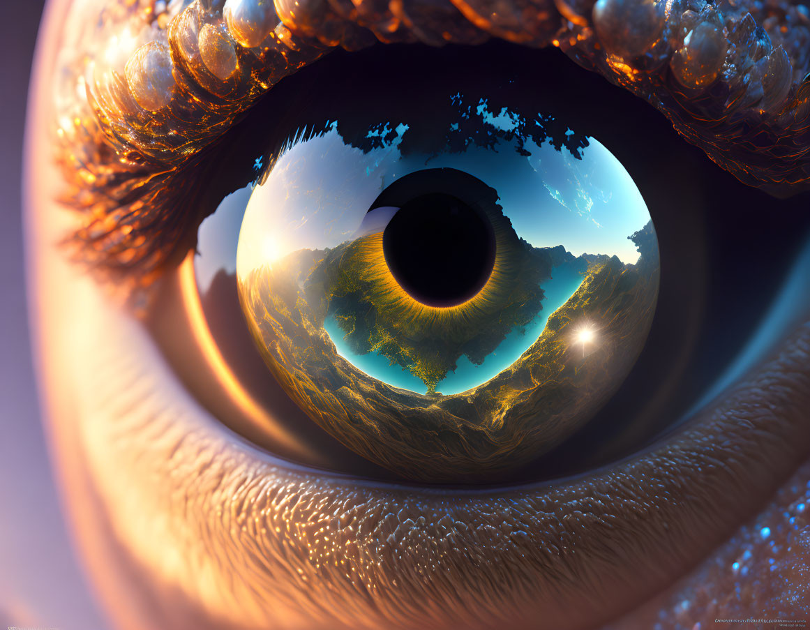 Detailed Close-Up Image: Eye Reflecting Mountain Landscape