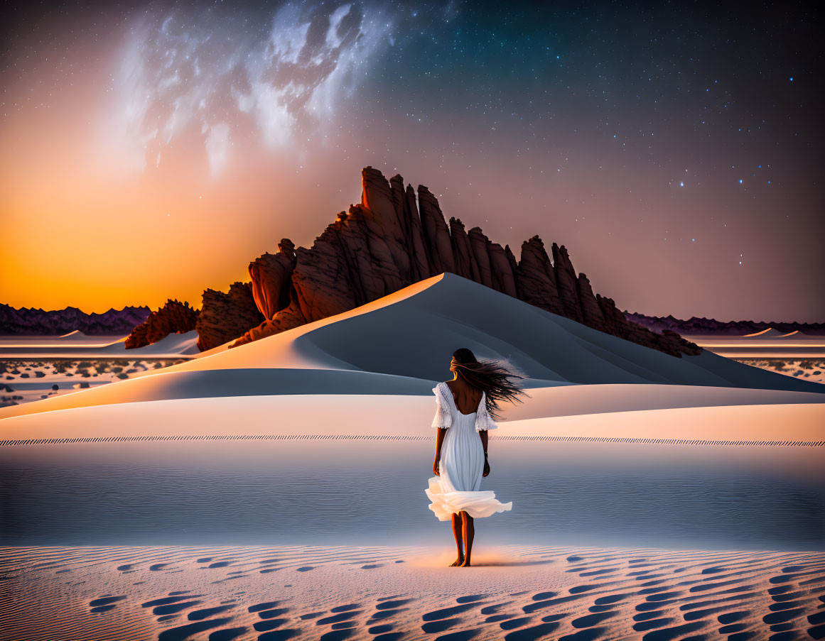 Person admiring desert twilight with stars, rock formation, and galactic sky.