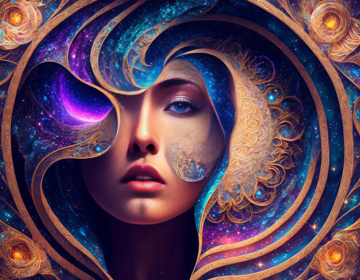 Cosmic-themed digital artwork blending woman's face with celestial patterns