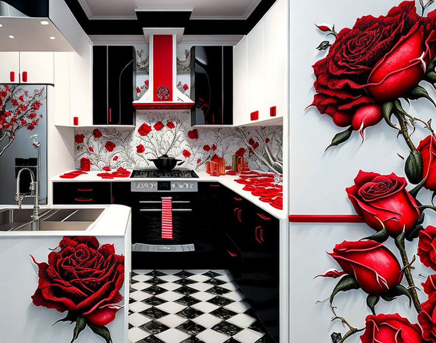 Black and White Checkered Floor with Red Rose Accents in Stylish Kitchen