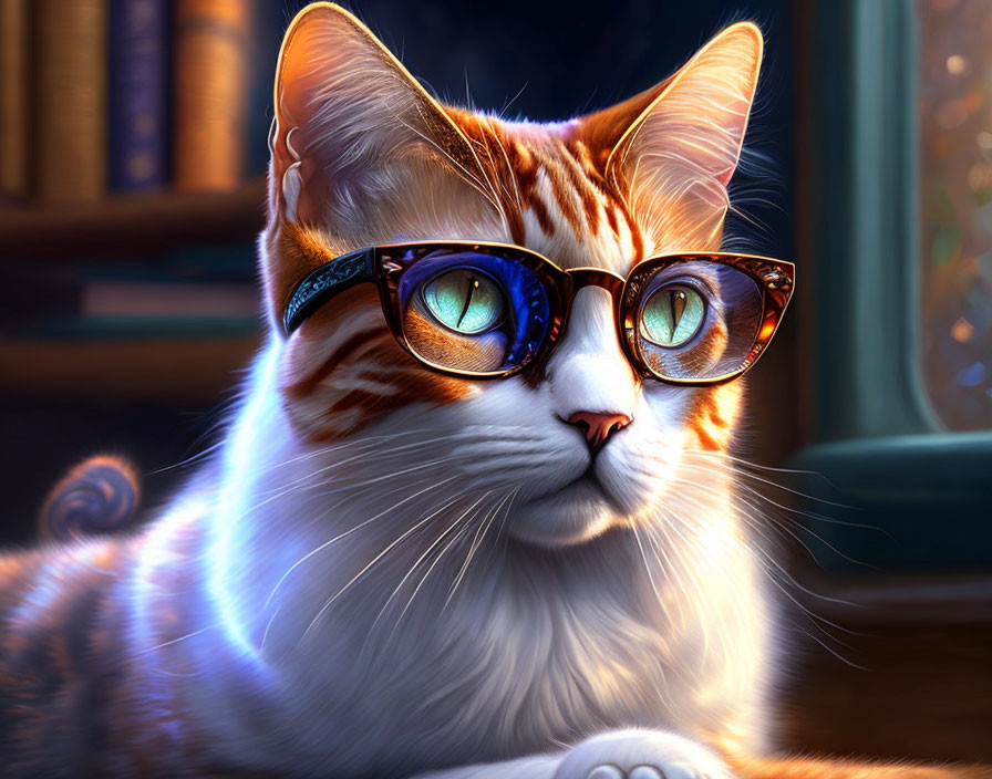 Digitally-rendered cat in glasses in cozy book-filled room