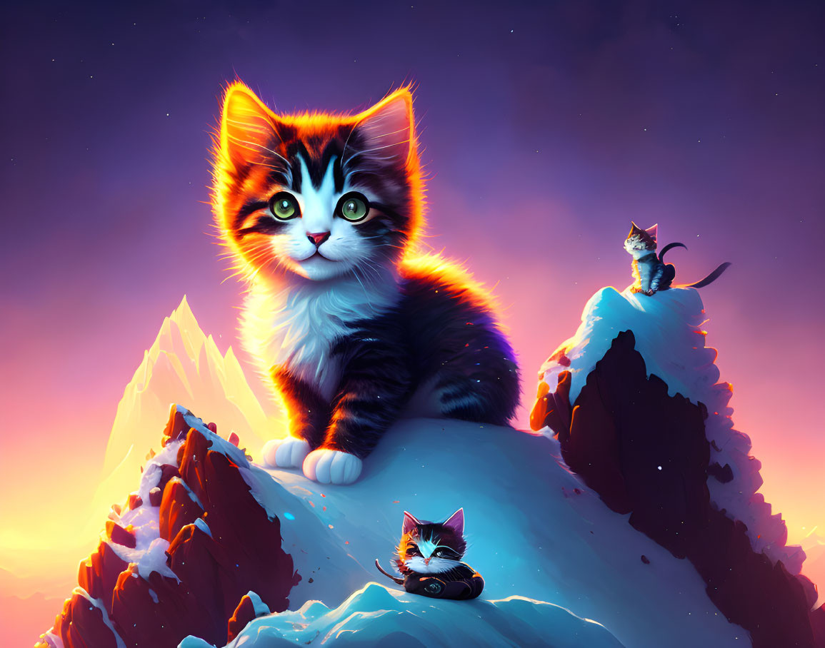 Colorful Cats on Snowy Mountain Peak at Dusk