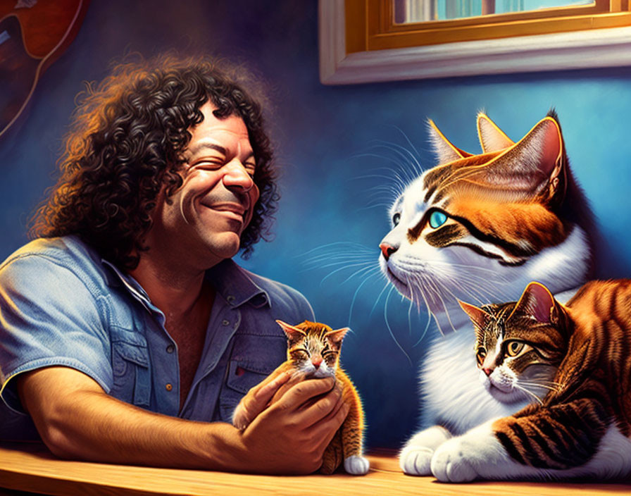 Smiling man with curly hair holding tiny kitten in cozy interior