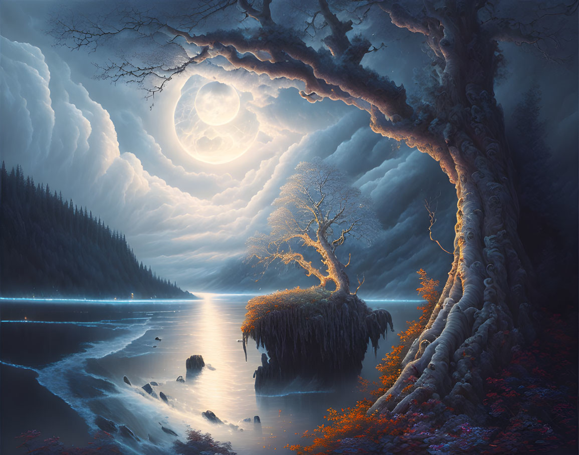 Mystical Nighttime Landscape with Full Moon, Lake, and Grand Tree