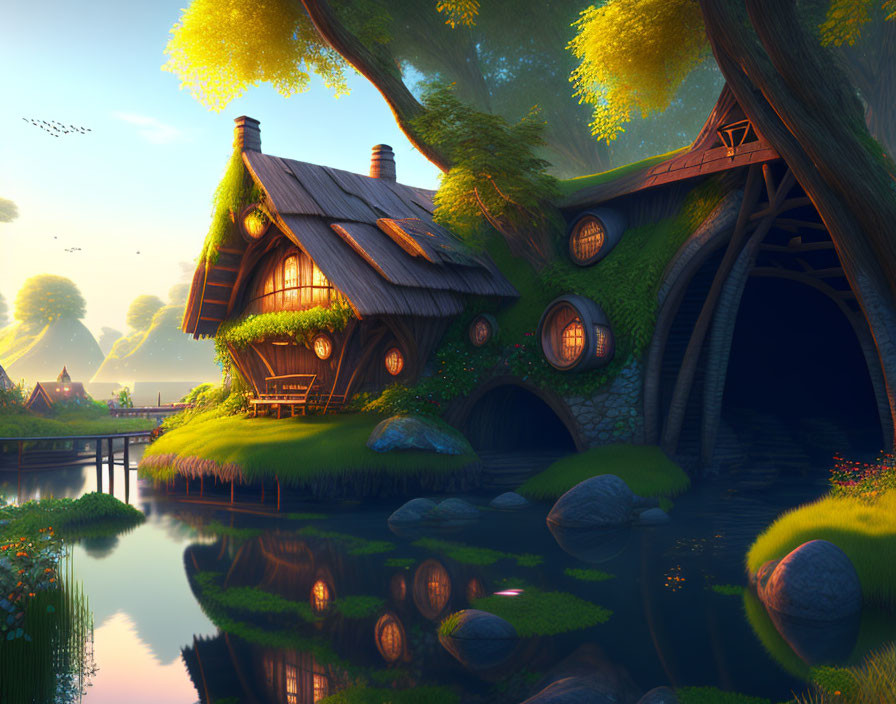 Tranquil fantasy landscape with cottage, stream, and golden sunrise