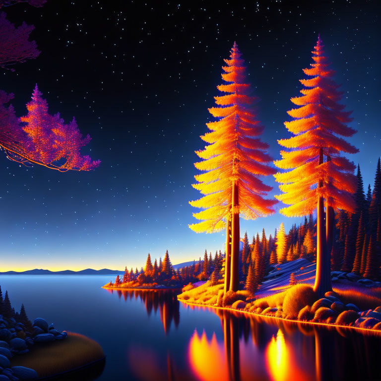 Vibrant night scene: Glowing orange trees, calm lake, stars, serene mountain.