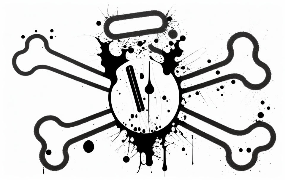 Monochrome graffiti-style illustration of abstract melting clock and bone shapes