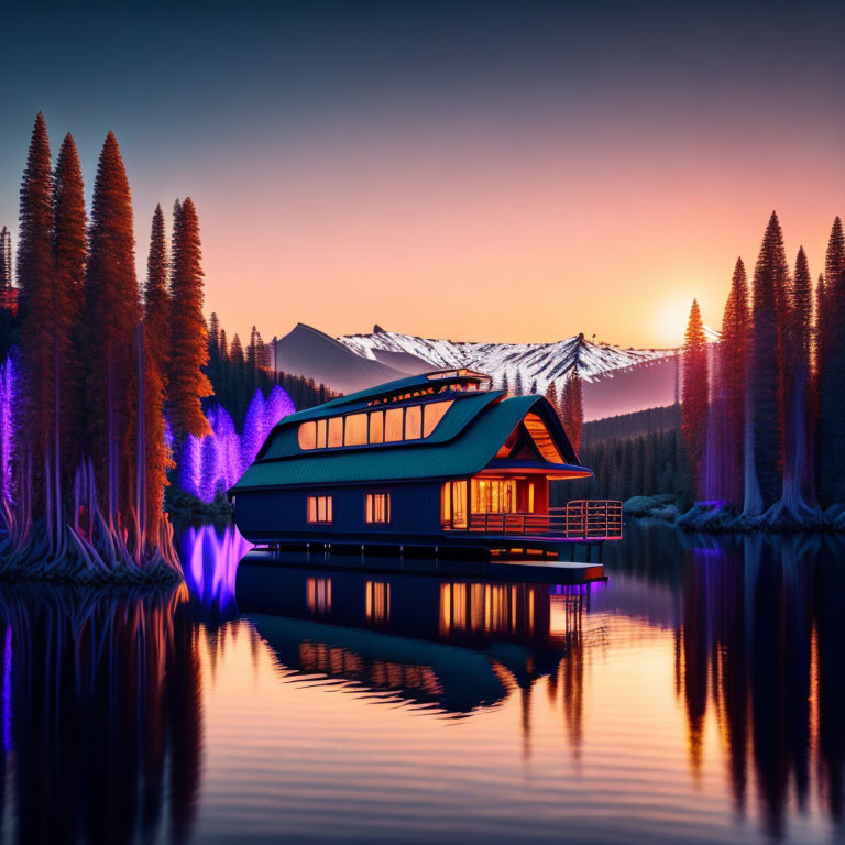 Modern Houseboat on Calm Lake with Snowy Mountain Sunset