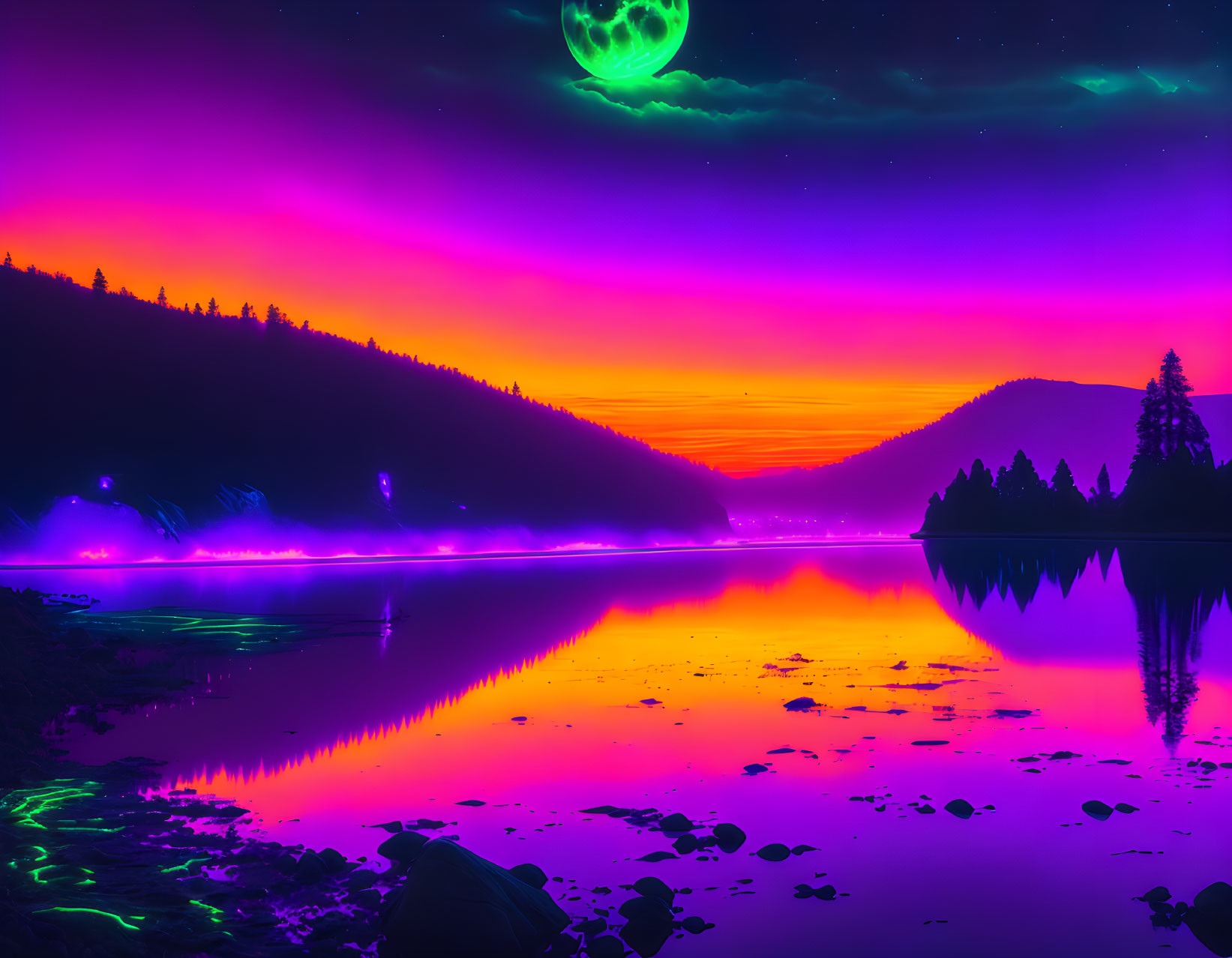 Colorful neon landscape with lake, trees, pink sky, and green moon.