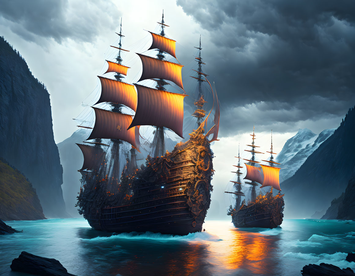 Majestic sailing ships in dramatic fjord under cloudy sky