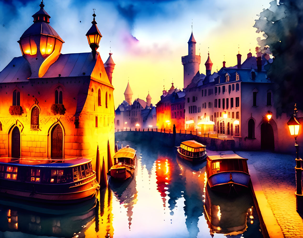 Picturesque canal at twilight with historic buildings, boats, and glowing street lamps