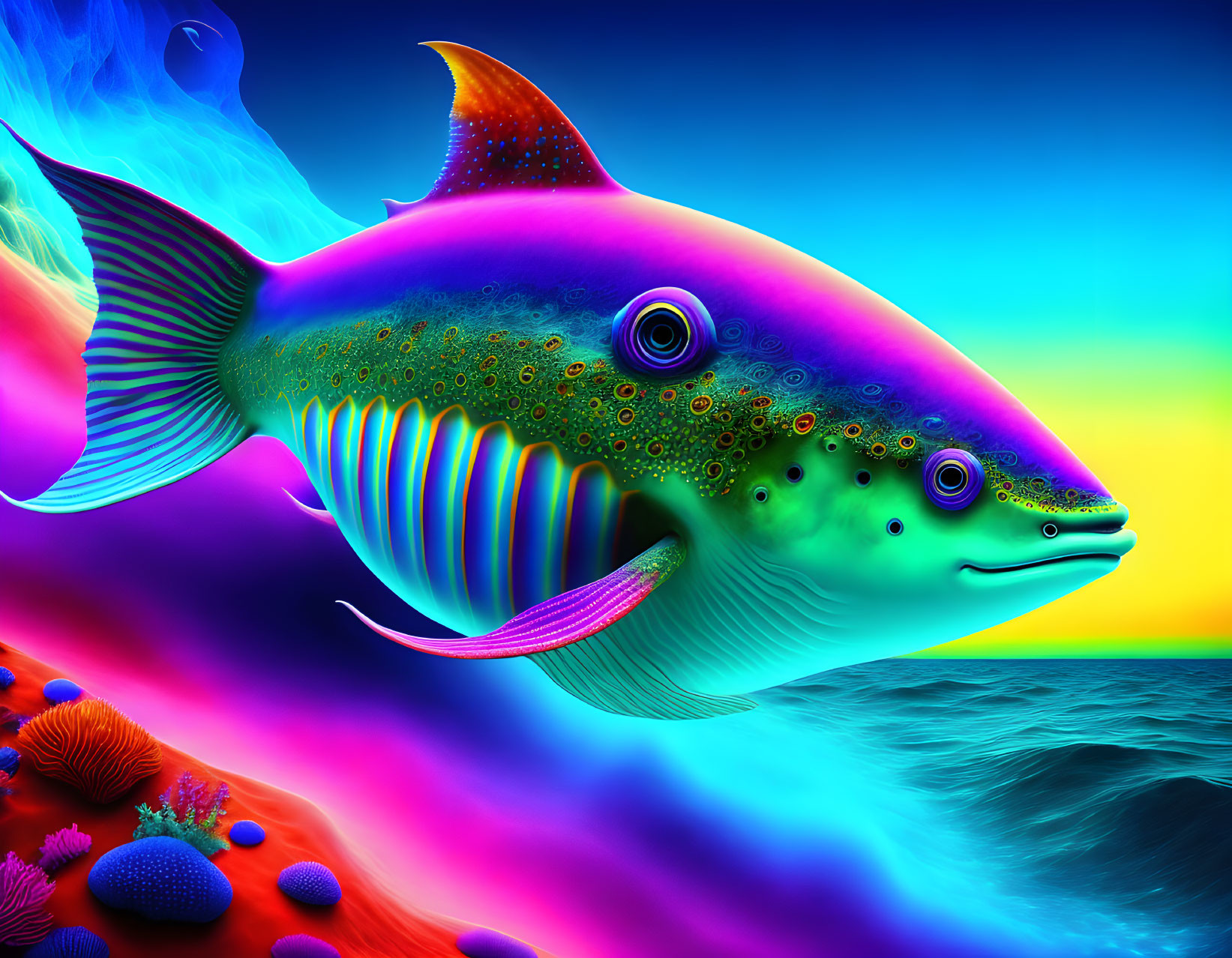 Colorful Fish Swimming Above Coral Reef in Surreal Ocean Scene