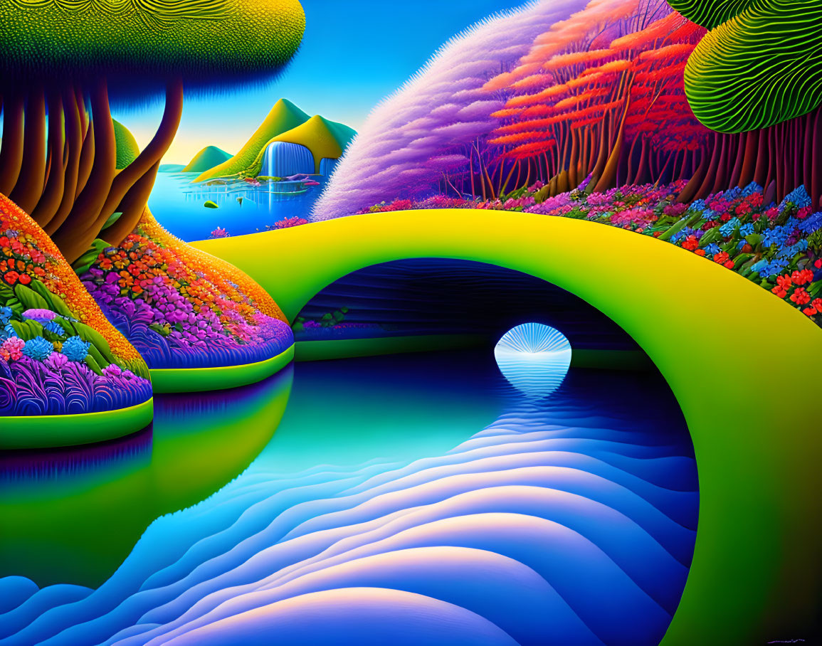 Surreal landscape with neon colors, stylized trees, reflective river, arched bridge, pattern