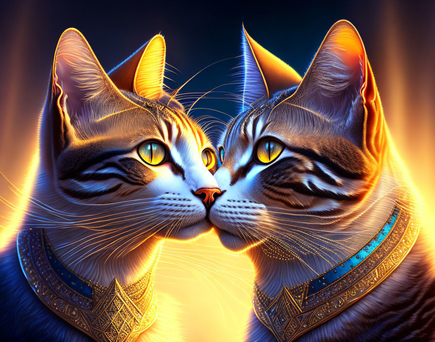 Symmetrical Tabby Cats with Glowing Eyes on Blue Background