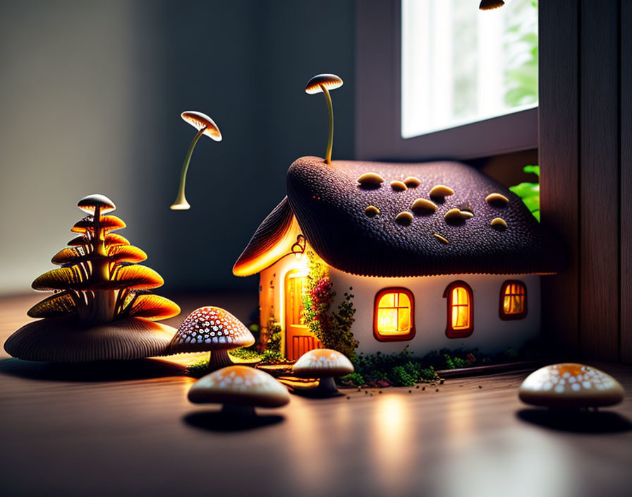 Whimsical fairy-tale house with dark loaf shape, colorful mushrooms, and window.