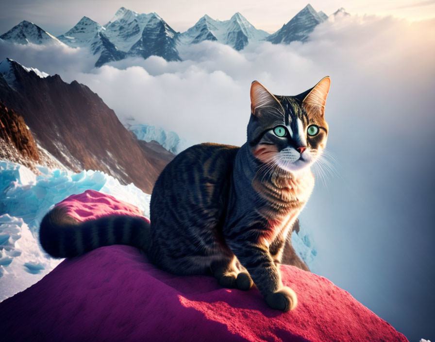 Tabby cat on rock with snowy mountains and clouds in background