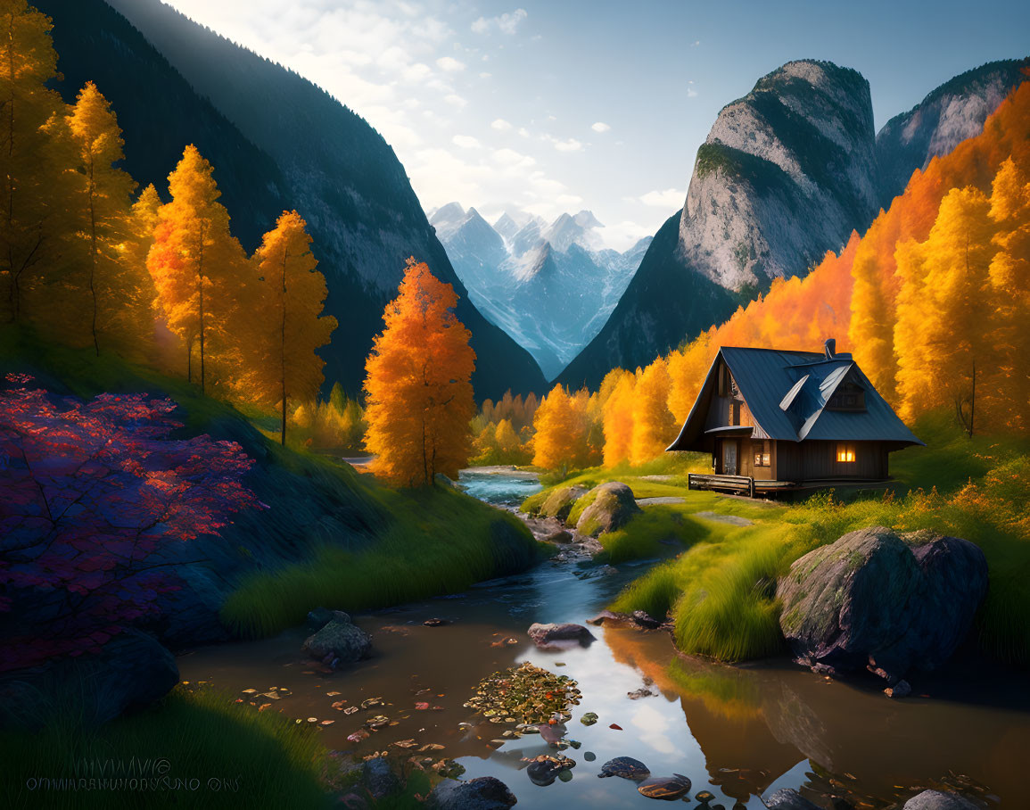 Tranquil autumn landscape with wooden cabin, mountains, and stream