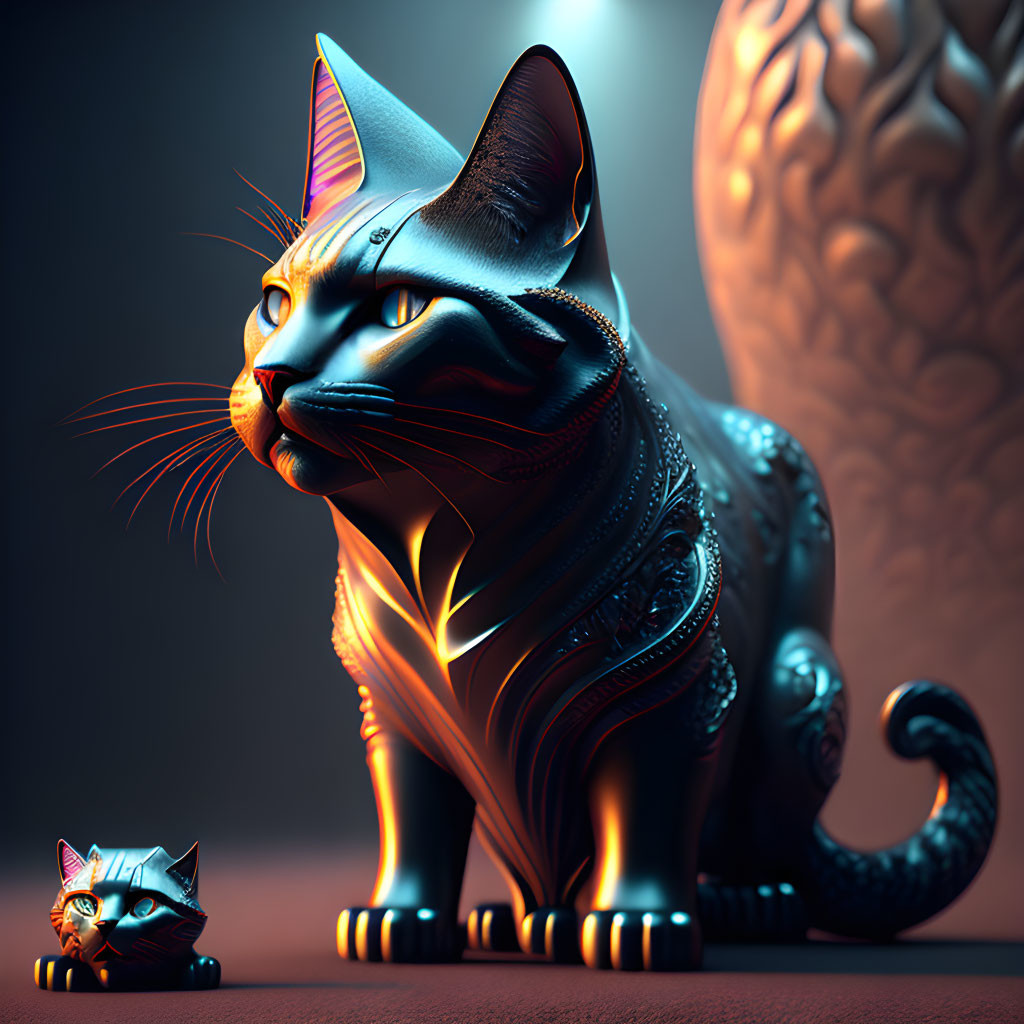 Stylized digital artwork of two cats with intricate patterns on dark background