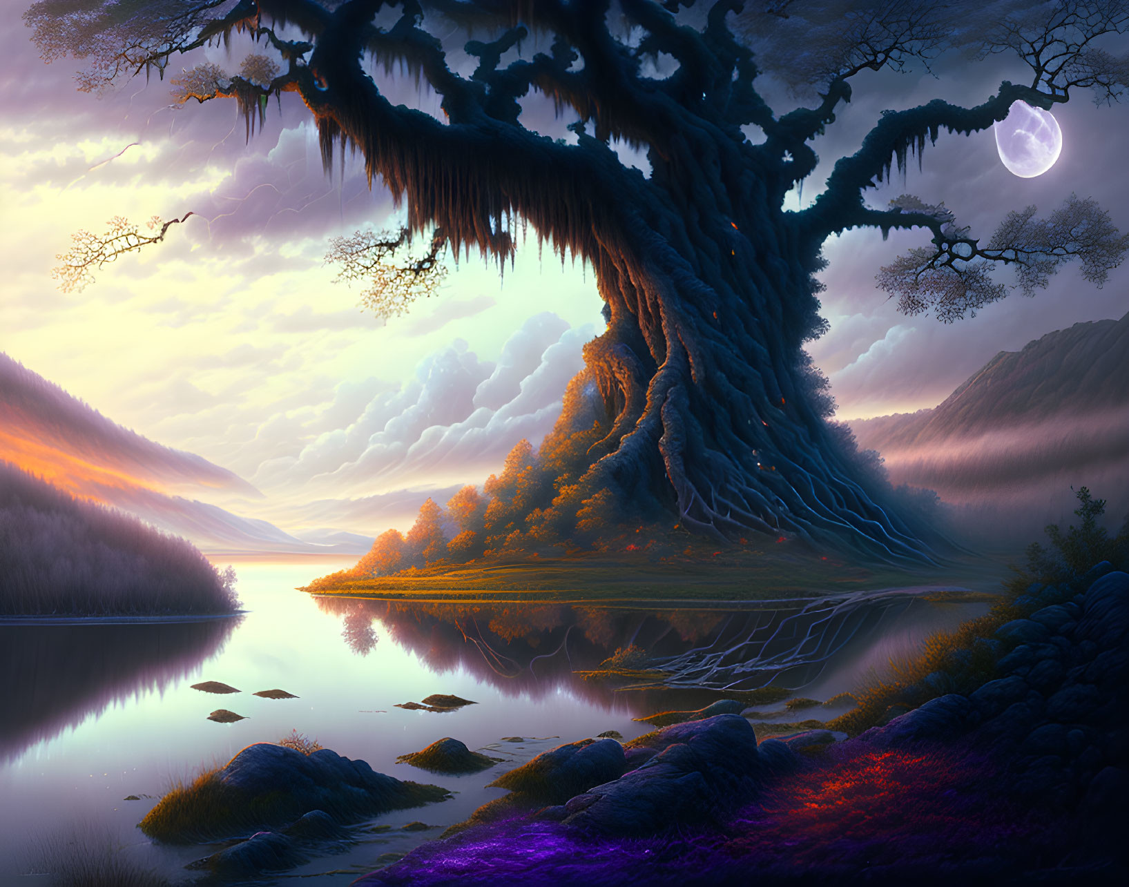 Majestic fantasy landscape: massive tree, tranquil river, purple sky, full moon