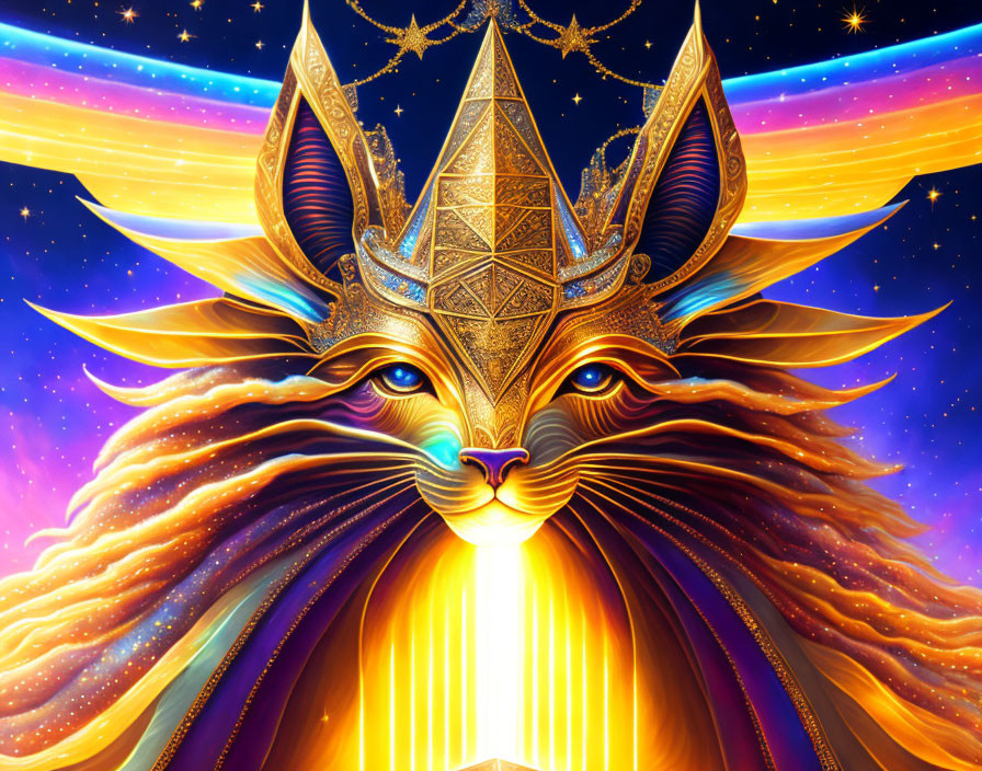 Majestic cosmic cat with golden crown in starry space