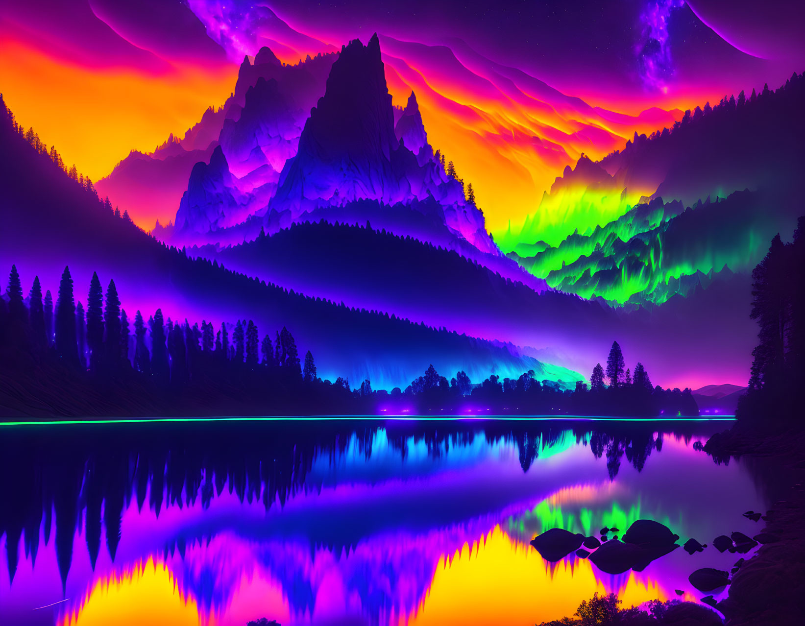 Neon-colored digital art: Mountain range reflection on serene lake under aurora sky