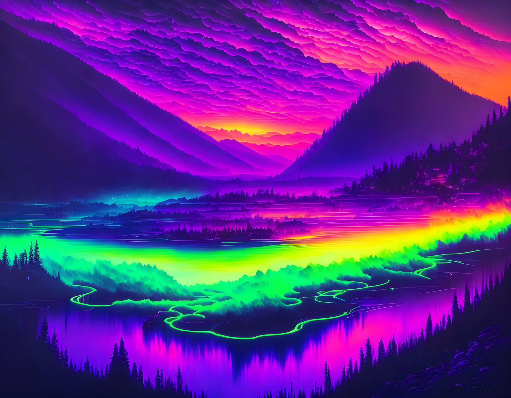 Colorful digital artwork: Mountain landscape at sunset with neon river reflection.