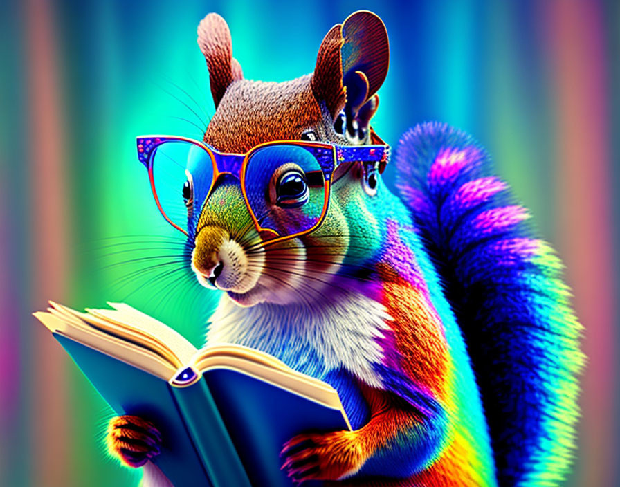 Colorful Illustration: Squirrel with Glasses Reading Book on Striped Background