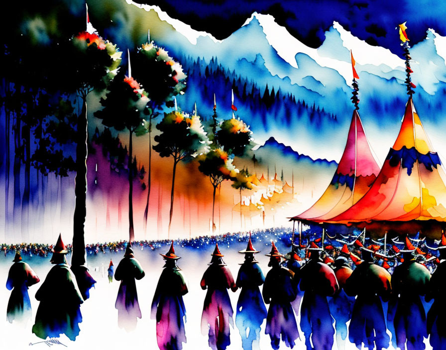 Colorful painting of figures in conical hats near tents and mountains