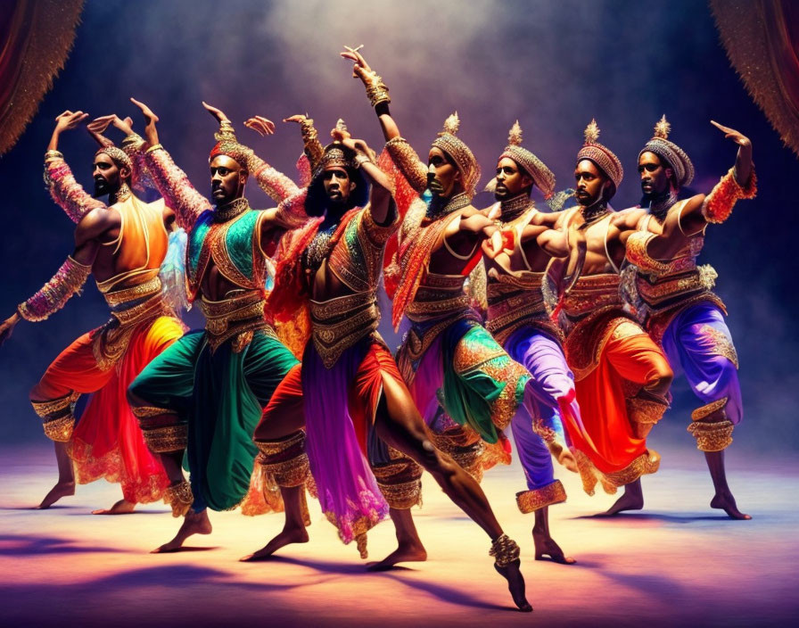 Traditional Indian dancers in vibrant costumes on stage