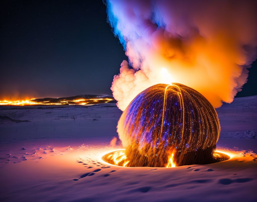 Steel Wool Fire Spinning Shower of Sparks on Snow at Night