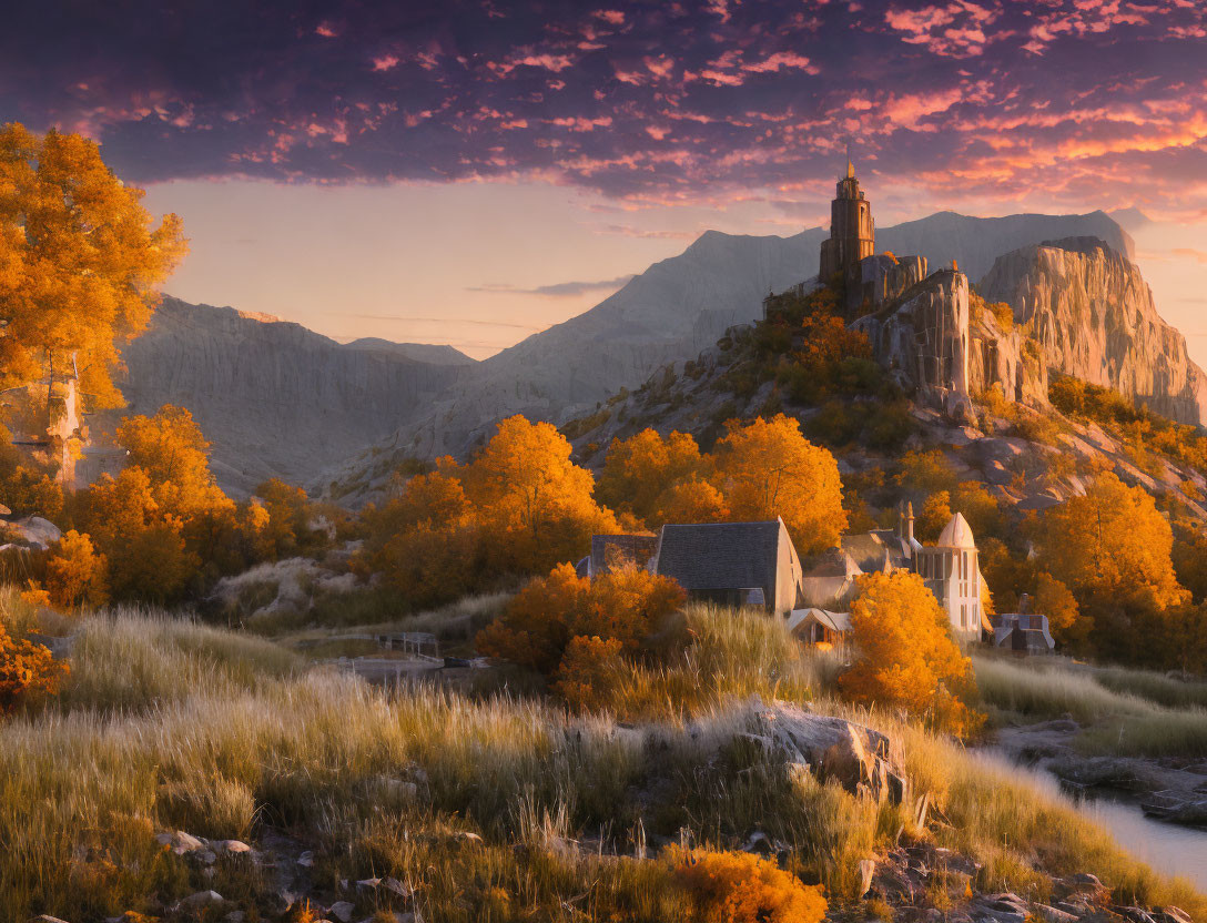 Golden foliage, village, church spire, mountains, sunset sky