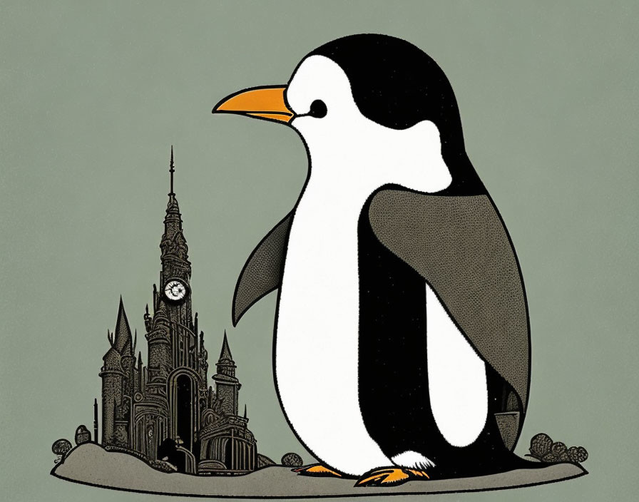 Detailed Penguin Over Gothic Cityscape on Green Background