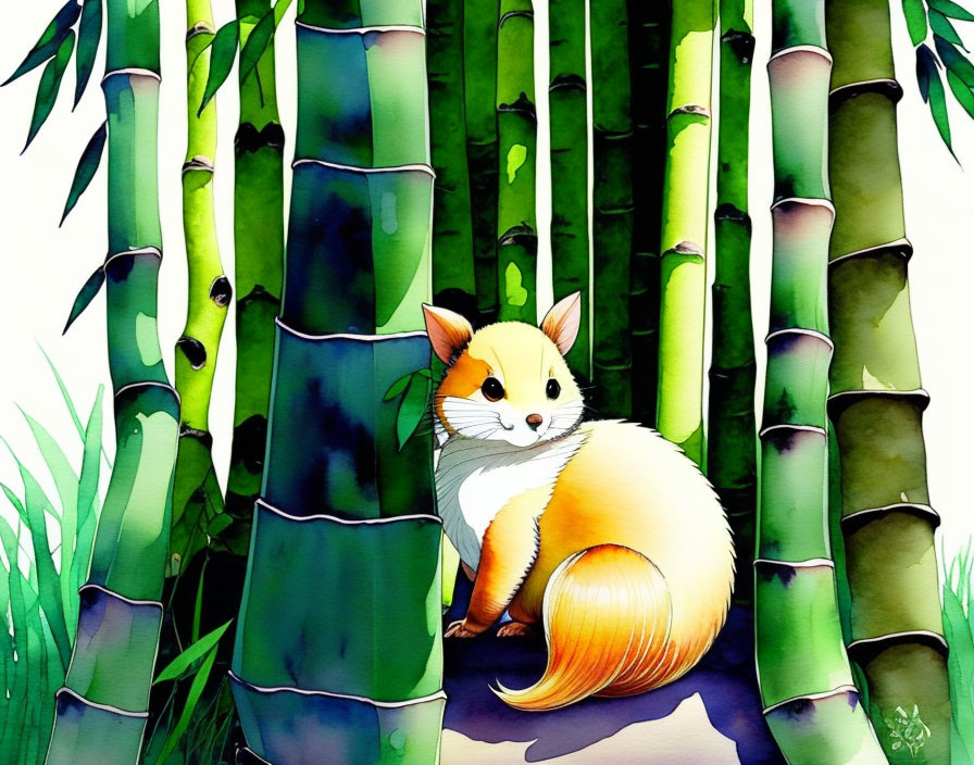 Fluffy orange and white fox in bamboo setting