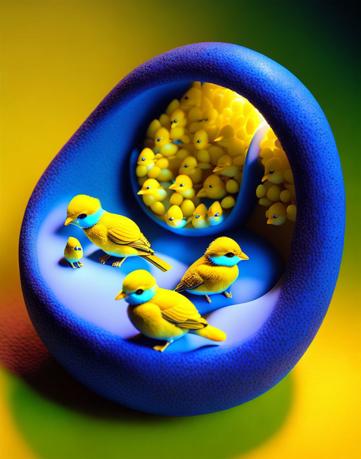 Surreal blue Möbius strip with yellow bird figures on gradient background