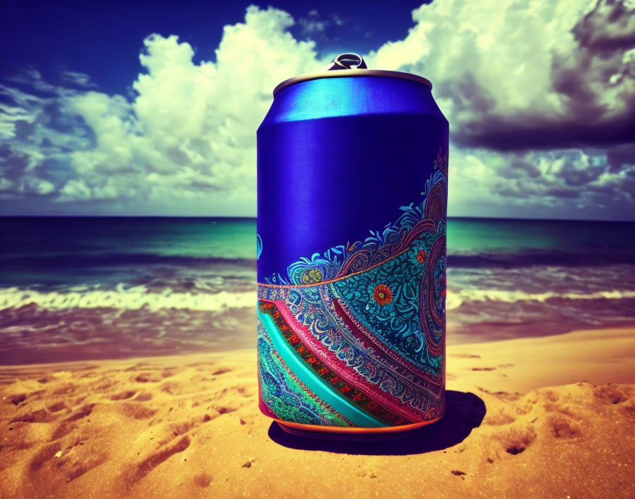 Blue Decorated Can on Sandy Beach with Clear Sky and Turquoise Sea