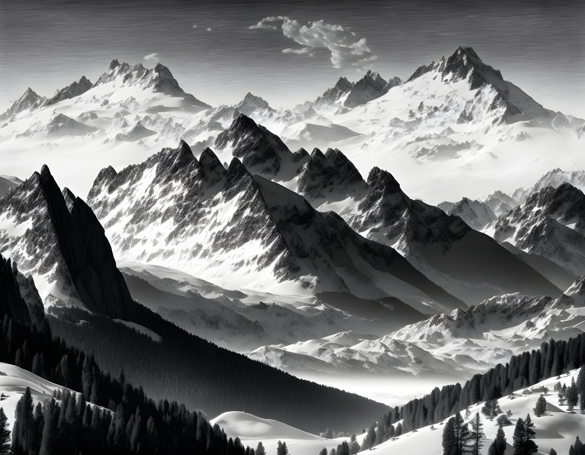 Monochrome landscape of rugged mountains and snow-covered peaks