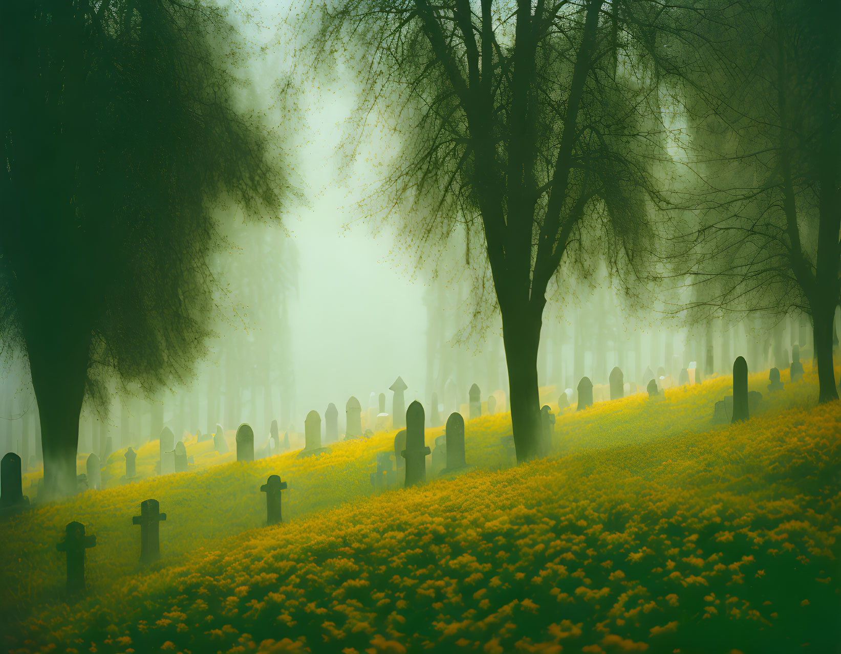 Foggy graveyard with yellow flowers and silhouetted tombstones