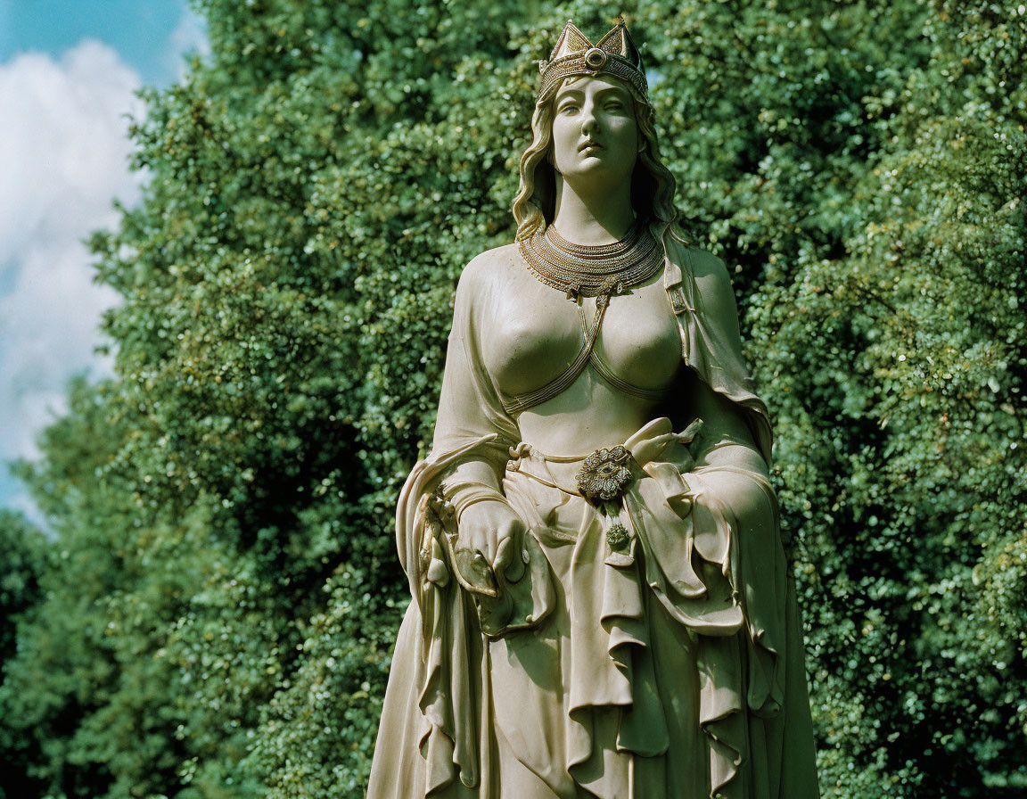 Regal woman statue in historical dress with crown, surrounded by lush green trees