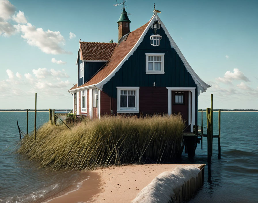 Blue house with white trim and red roof on pier by water and grass