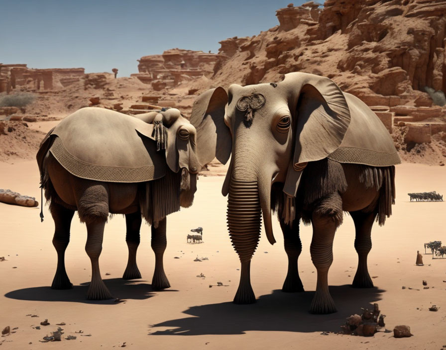 Accordion-trunk elephants and sheep hybrids in desert scenery