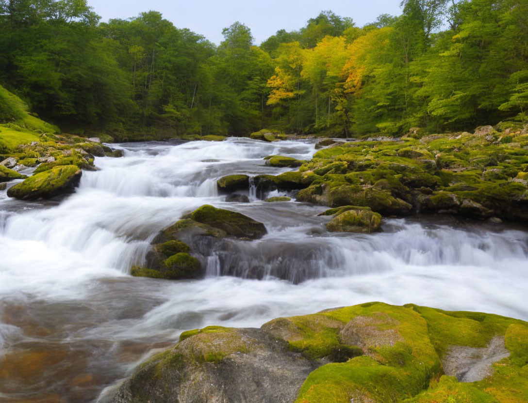 Tranquil river with mossy rocks and autumnal trees