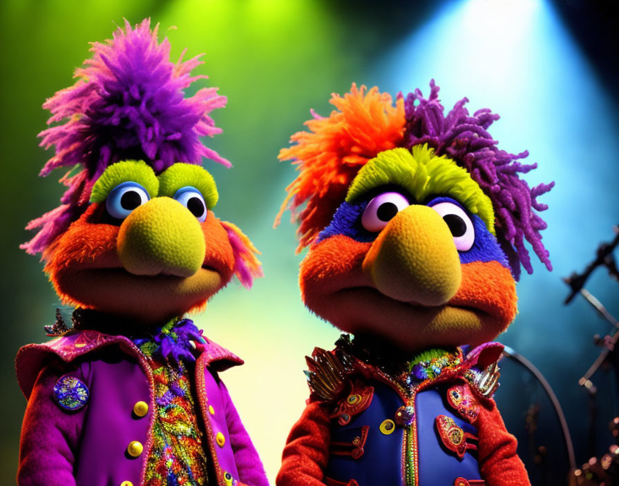 Colorful puppet characters with vibrant hair and extravagant jackets on stage